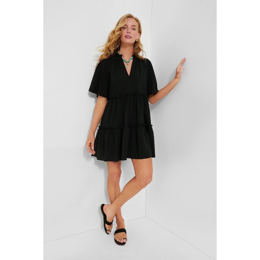 Tuckernuck Black Crepe Crawford Dress sz S A-Line Tiered Mini Flowy A-Line